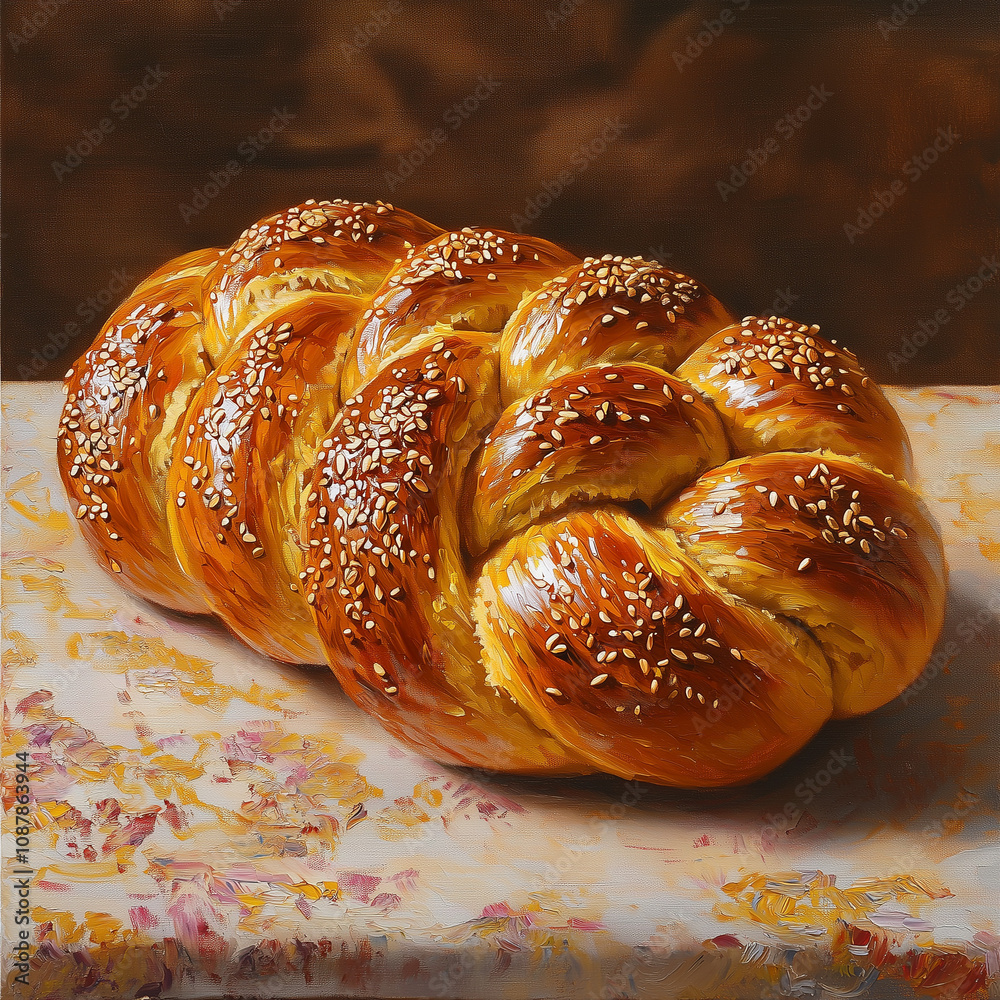 closeup of a freshly baked challah bread with a glossy golden crust and sesame seeds on a textured tablecloth closeup of a freshly baked challah bread with a glossy golden crust and sesame seeds on a textured tablecloth