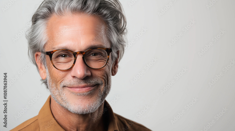 Obraz premium A detailed portrait of a senior man with grey hair and glasses, standing confidently against a white background. He wears a neatly pressed shirt and a warm smile, with a calm and a