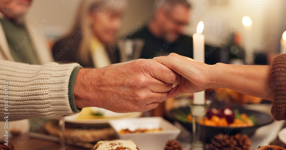 Thanksgiving, people and holding hands with prayer for dinner, festive feast and holiday at home. Closeup, family and together with grace for spiritual connection, blessing and christian with meal Thanksgiving, people and holding hands with prayer for dinner, festive feast and holiday at home. Closeup, family and together with grace for spiritual connection, blessing and christian with meal