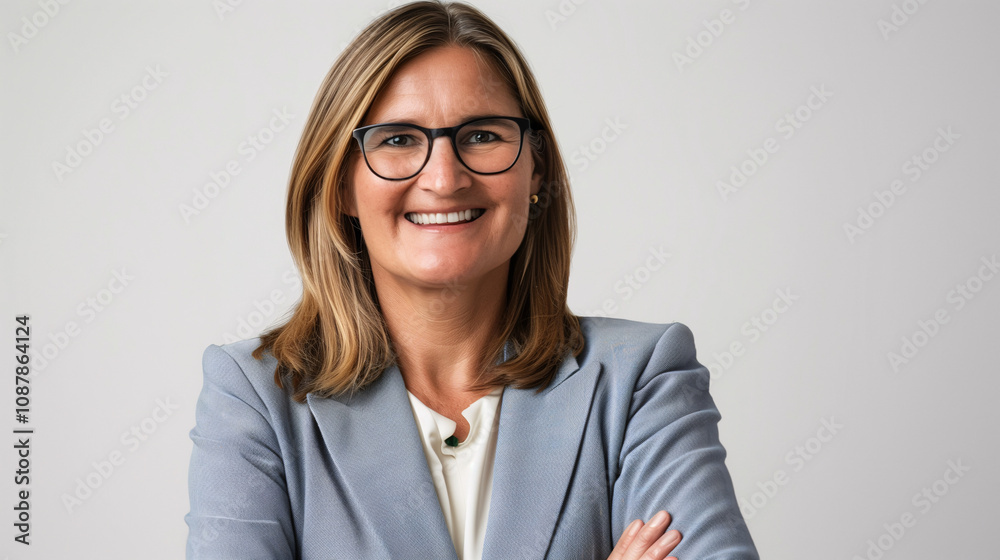 Mujer profesional sonriente con gafas y traje formal Mujer profesional sonriente con gafas y traje formal
