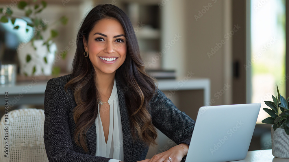 A confident Hispanic young woman entrepreneur in her 30s sits at a modern desk with a sleek laptop in front of her, smiling warmly at the camera. She wears a smart blazer over a ca A confident Hispanic young woman entrepreneur in her 30s sits at a modern desk with a sleek laptop in front of her, smiling warmly at the camera. She wears a smart blazer over a ca