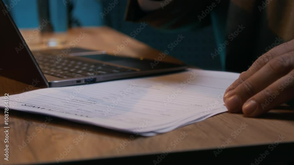 Closeup of hands of anonymous male journalist or podcast host typing on laptop then writing notes in plan sheet, while researching questions for interview online before show