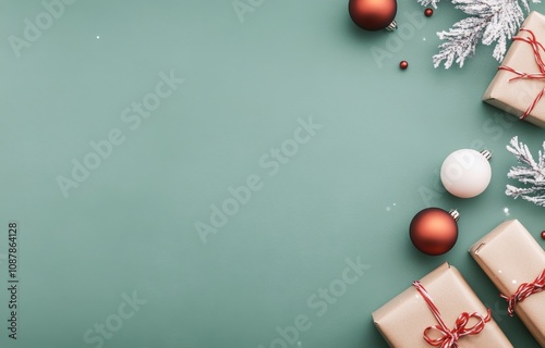 Christmas decorations with gifts and ornaments on a green background during t...