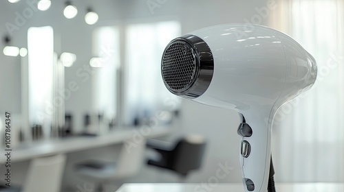 A sleek white hair dryer in a modern salon, emphasizing contemporary design and functionality. photo