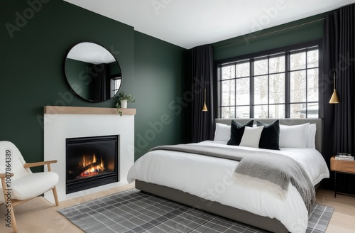 Cozy winter bedroom with a fireplace and large window showcasing snowy landscape