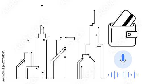 City skyline with circuit patterns, smart wallet holding a credit card, and a voice recognition icon. Ideal for smart cities, technology, fintech, digital payments, AI integration, mobile wallets