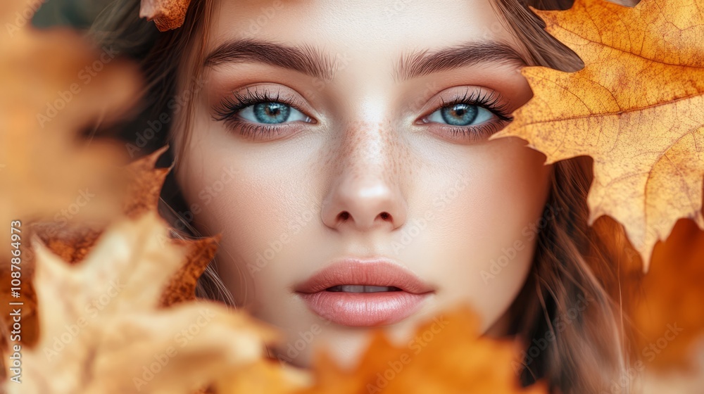 Portrait of beautiful young woman with autumn leafs. Healthy clean fresh skin natural make up beauty eyes Portrait of beautiful young woman with autumn leafs. Healthy clean fresh skin natural make up beauty eyes