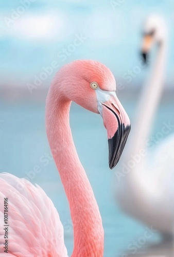 Flamingos in vibrant colors by a serene water body under a clear blue sky at ...