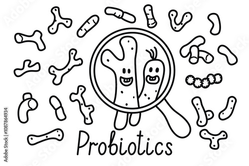 Probiotics doodle set isolated on white background.Various shapes of beneficial microorganisms and enlarged cartoon characters with faces.Vector graphic designs drawn with black  line.Coloring page.