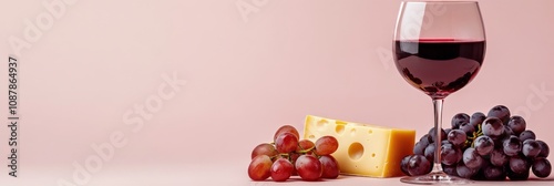 A glass of red wine beside a block of cheese and fresh grapes on a soft pink ...
