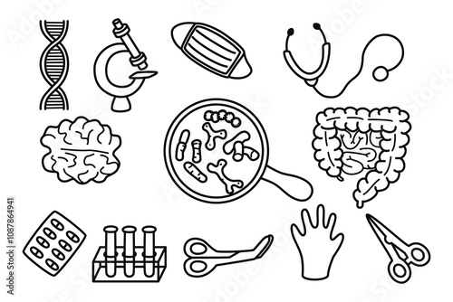 Medical doodle set with human brain and intestines, microscope, bacteria, test tubes, stethoscope, grips, gloves.Linear elements isolated on white.Vector graphic designs for use in banner template.
