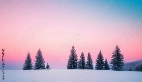 Winter morning landscape with snow covered trees and a pastel sky at dawn