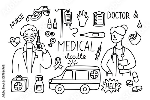 Medical doodle set with doctor, nurse, ambulance, bottle, tablets, ampoules, blood pressure monitor, thermometer, dropper,syringe.Collection of linear icons in vector.Graphic illustration on white.