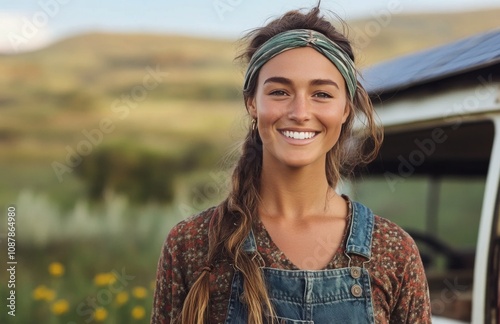 Young woman in overalls smiles brightly in front of a van under clear blue sky