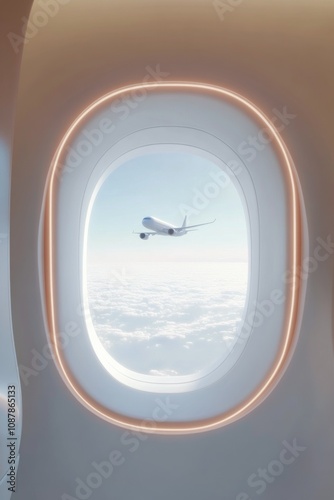 View of an airplane approaching for landing through a passenger window in the...