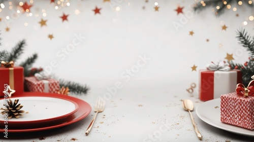 Decorative Christmas dining table with red plates and festive ornaments for h...