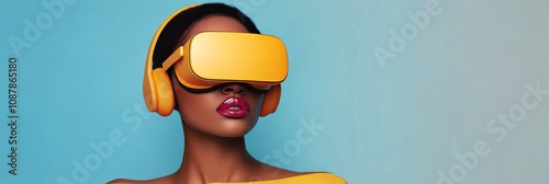 A woman wearing yellow virtual reality headset engages in immersive technolog...