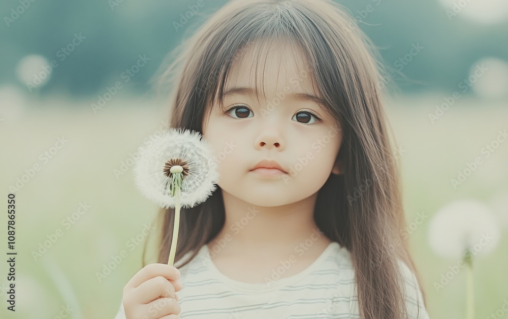 A young girl smiles while holding a dandelion in a sunlit meadow during springtime A young girl smiles while holding a dandelion in a sunlit meadow during springtime