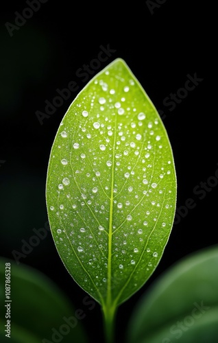 Close up view of a green leaf with water droplets in a natural setting during...