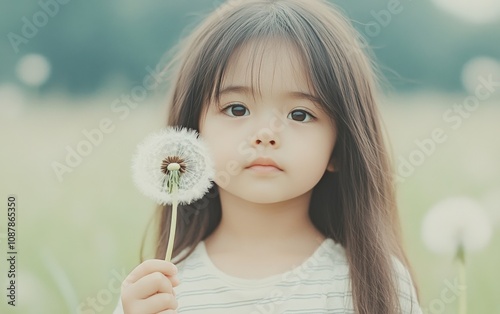 A young girl smiles while holding a dandelion in a sunlit meadow during sprin...