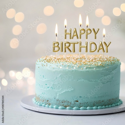A beautiful blue birthday cake with candles and a festive message on a specia...