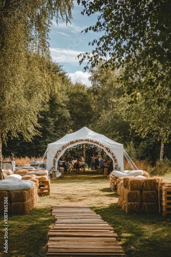 Charming outdoor event setup with a pathway, chairs, and decorative elements ...