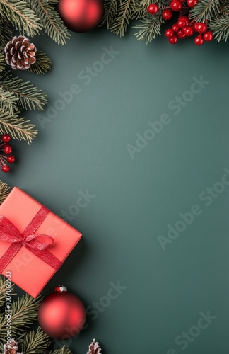 Cozy holiday decoration featuring a red gift box, ornaments, and pine branche...
