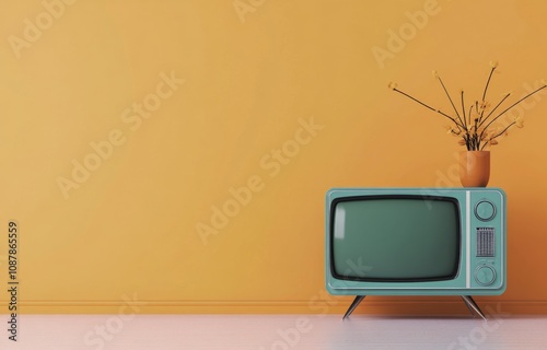 Vintage teal television with plants against a bright orange wall in a cozy li...
