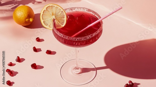 Bright red cocktail garnished with dried lime on a light pink surface with sh...