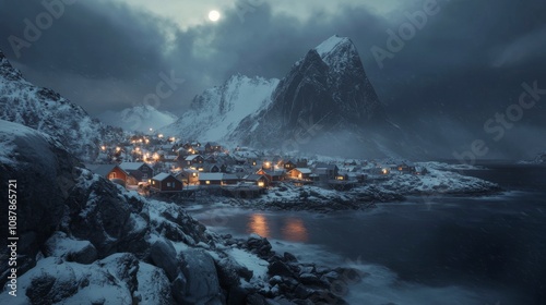 Peaceful winter evening in a picturesque snowy village by the fjord in Norway