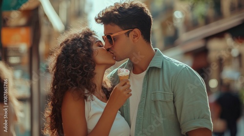 Young couple sharing a kiss while enjoying ice cream on a sunny day in the city