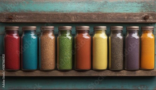 A row of colorful jars filled with paint displayed on a wooden shelf in a bri...