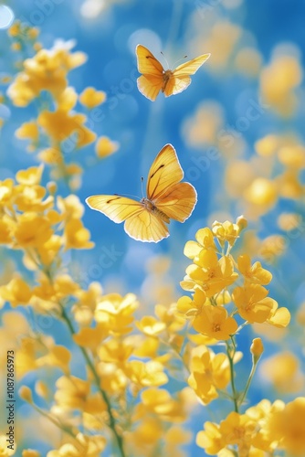 A butterfly gracefully flutters among vibrant yellow flowers in a serene gard...