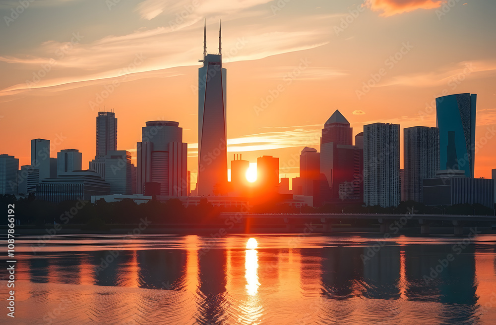 Fototapeta premium Golden Hour Glow Over a Modern Skyline