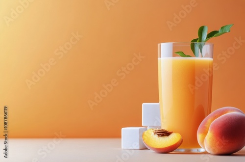 Refreshing peach juice served in a glass with fresh fruit and sugar cubes on ...