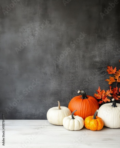 Colorful pumpkins and flowers arranged together in a cozy autumn setting