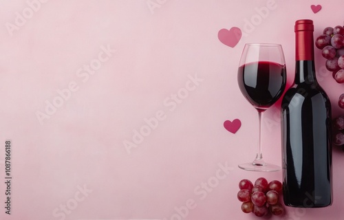 Red wine bottle and glass with grapes on a pastel pink background during a ca...