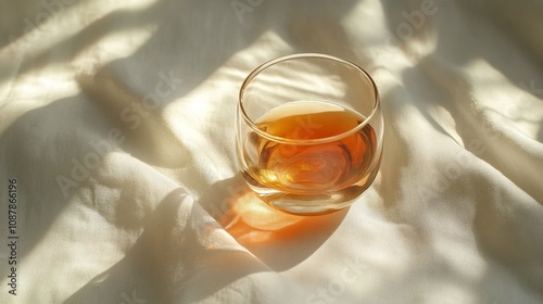 A clear glass cup of golden tea reflects sunlight on a soft tablecloth in a s...