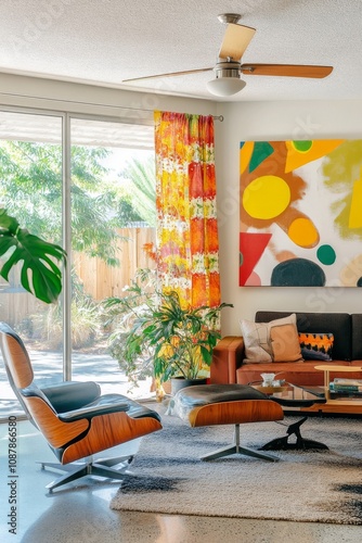 Bright and modern living room with colorful curtains and contemporary art in ...