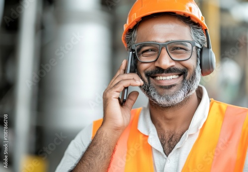 Construction worker in safety gear talks on phone at industrial site during d...