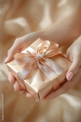 A person presents a beautifully wrapped gift with a peach ribbon held in thei...