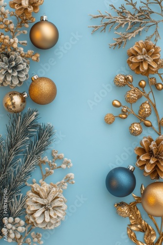 Elegant holiday decorations with gold and blue ornaments on a light blue back...