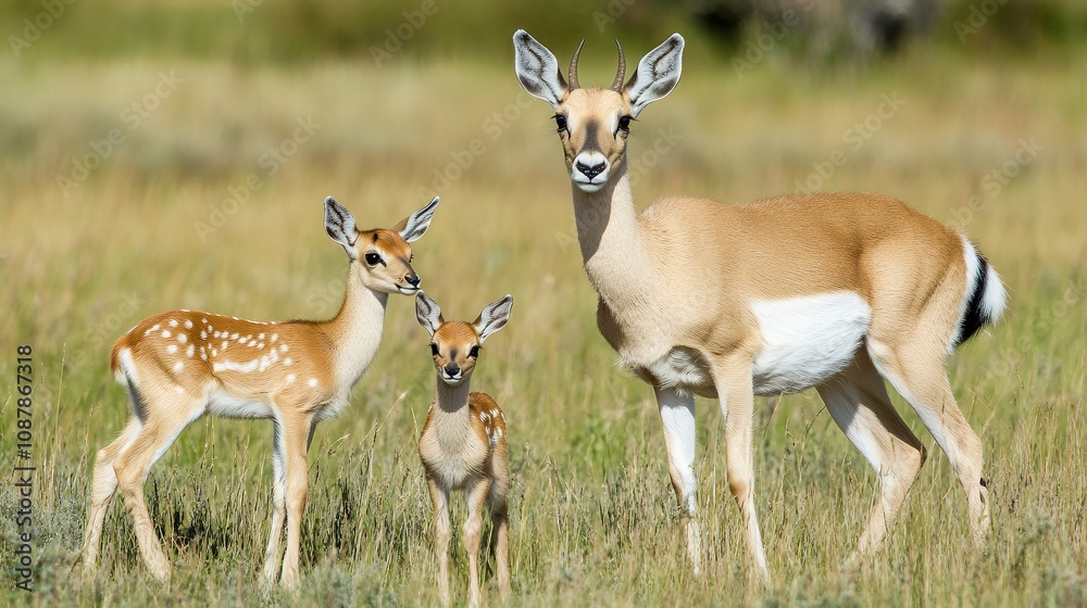 An antelope mother with her two fawns stands alert in an open grassland, emphasizing family unity and vigilance An antelope mother with her two fawns stands alert in an open grassland, emphasizing family unity and vigilance