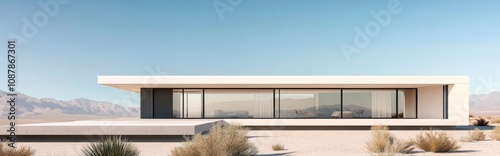 Modern minimalist house in the desert landscape with mountain backdrop during...