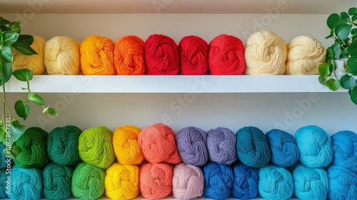 Colorful yarn displayed neatly on a shelf with green plants in a cozy craft r...