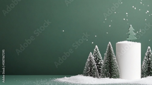 Snowy landscape with evergreen trees and a cylindrical object during winter s...