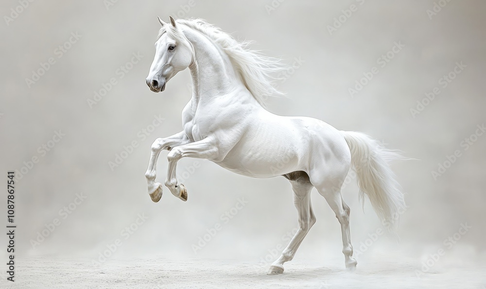 Fototapeta A majestic white horse rearing up on its hind legs against a light gray background, showcasing its powerful physique and elegant stance