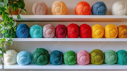 Colorful yarn displayed neatly on a shelf with green plants in a cozy craft r...