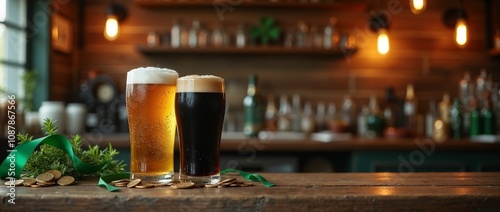 Beer glasses with shamrocks and coins in cozy Irish pub setting for St. Patrick's Day with copy space