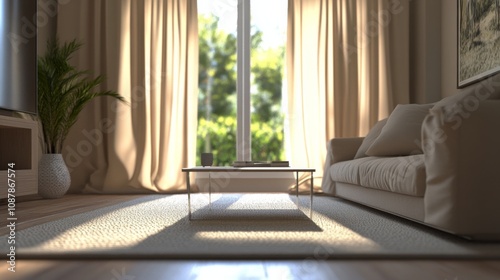 Bright and airy living room setup featuring a cozy sofa, plants, and warm sun...
